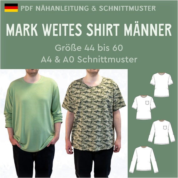 Patron de couture PDF chemise large pour homme Mark eBook instructions de couture taille. 44 a 60 col rond haut couture homme manches longues allemand Etsy France