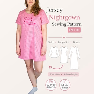 Op de afbeelding: Een roze nachtjapon met stippen en de tekst "Sweet Dreams" op de borst. De afbeelding toont ook een naaipatroon voor een jersey nachtjapon, met opties voor shirt, longshirt en jurk. Inclusief maattabellen.