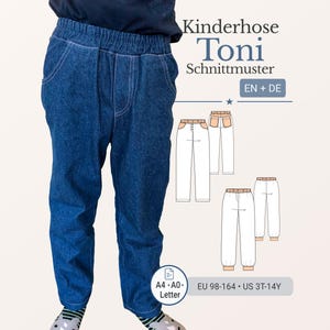 Molde de costura para calças infantis Toni Jogging Pants, tecido plano, PDF EU 98-164 US 3-16 Calças de moletom, cintura elástica, bolsos, iniciante, A4 A0 Carta eBook