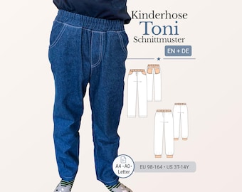 Kids Pants Sewing Pattern pdf Toni Elastic Waist Pants Joggers Pockets Size 98-164 us 3T-14 A4 A0 Letter German English