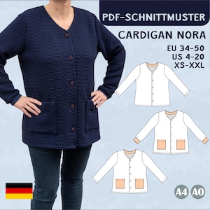 May include: A PDF sewing pattern for a cardigan called "Nora". The pattern includes sizes EU 34-50, US 4-20, and XS-XXL. The pattern is available in A4 and A0 sizes. The image shows a woman wearing a navy blue cardigan with pockets and buttons.