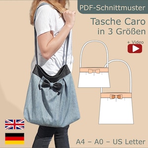 Patrón de costura para bolso Caro PDF Pequeño Grande Bolso de mano Caja de costura Pliegue Lazo Retazos de tela Principiante Cierre magnético A4 Tutorial Alemán