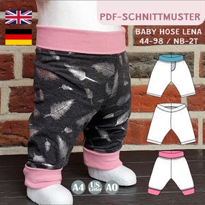 Patrón de costura de pantalón de bebé PDF EU 44-98 US Preemie-3T Puños de crecimiento Pantalón de chándal de jersey Sin costura lateral A4 A0 Carta Descarga digital Lena