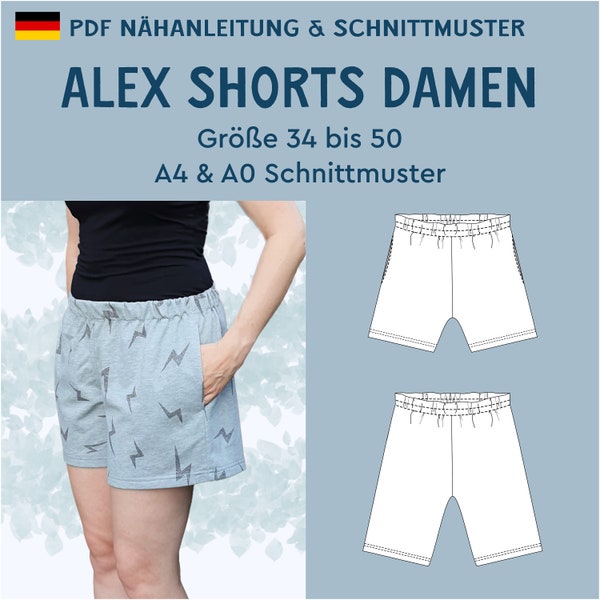 PDF Schnittmuster Shorts mit Gummizug Alex mit Hosentaschen locker eBook deutsche Nähanleitung Sommer kurze hose damen Sport 34 bis 50 Sweat