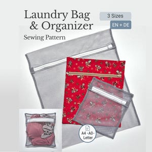 May include: A sewing pattern for laundry bags and organizers. The image shows three mesh laundry bags with white zippers, one with a red patterned fabric. The text on the image reads "Laundry Bag & Organizer Sewing Pattern".