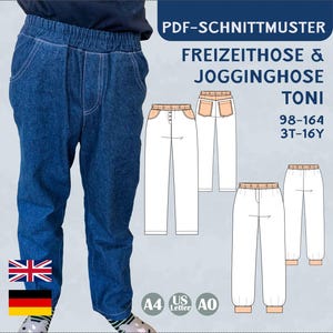 Patrón de costura para pantalones de chándal infantiles Toni, para coser en tejido PDF, talla EU 98-164, talla US 3-16, para pantalones de chándal, bolsillos elásticos, para principiantes, tamaño A4, A0, carta, libro electrónico