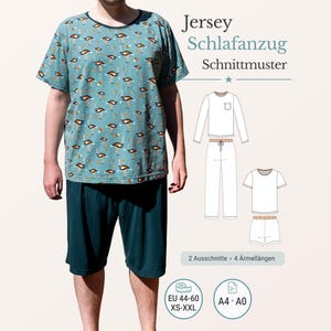Peut inclure: Un t-shirt à manches courtes bleu sarcelle avec un motif d'oiseaux et un short vert foncé. L'image inclut un diagramme de patron de couture intitulé Jersey Schlafanzug Schnittmuster, montrant des options à manches longues et courtes.