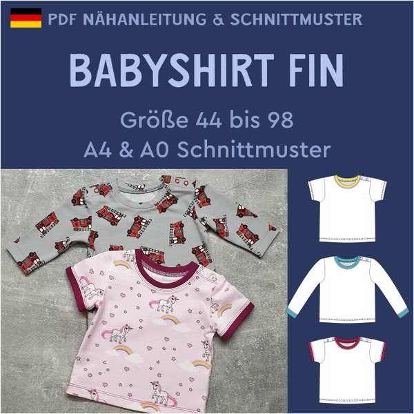 Fin Babyshirt with snap button placket basic shirt for boys and girls ribbed cuffs long-sleeved shirt eBook pattern sewing size 44 to 98
