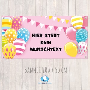Banner zur Einschulung Kinderparty Jahrestag 100 x 50 cm Bunte Luftballons rosa image 1