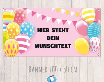 Banner zur Einschulung - Kinderparty - Jahrestag 100 x 50 cm | Bunte Luftballons rosa