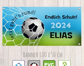 Einschulungs - Banner 100 x 50 cm | Fußball - Jetzt gehts rund - blau grün