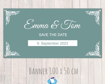 Banner zur Hochzeit - mit Wunschtext personalisierbar - 100 x 50 cm | Romantische Ornamente - weiß