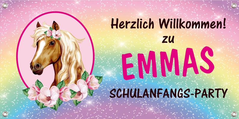 Einschulungs Banner 100 x 50 cm Herzlich Willkommen zur Schulanfangsparty Pferd Regenbogen Glitzer Bild 10