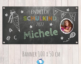 Einschulungs - Banner 100 x 50 cm - mit Foto personalisierbar - Tafeloptik |  Endlich Schulkind