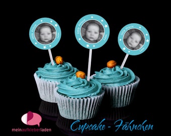 24 Cupcake Deko Aufkleber - Sternchen türkis - mit eigenem Foto - für 12 Cupcakes