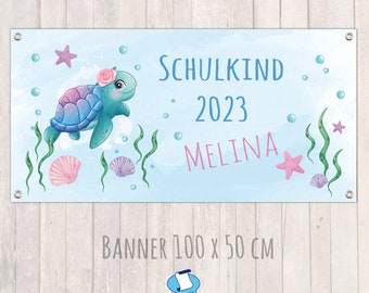 Einschulungs - Banner 100 x 50 cm | Schulkind 2024 -  Schildkröte - Aquarell-Design