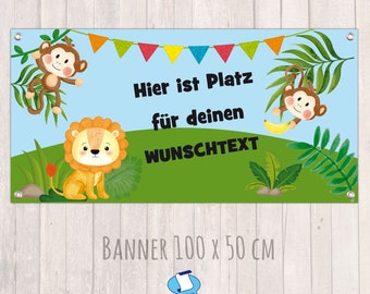 Banner Kinderparty - Jahrestag 100 x 50 cm | Äffchen und Löwe