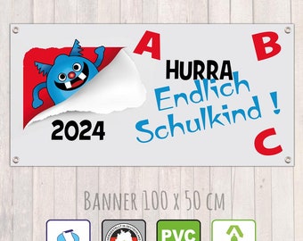 Einschulungs - Banner 100 x 50 cm - Lustiges Monster - Hurra - Endlich Schulkind - 2024