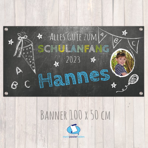 Einschulungs - Banner 100 x 50 cm - mit Foto personalisierbar | Tafeloptik - Alles Gute zum Schulanfang