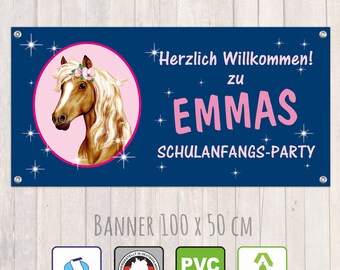 Einschulungs - Banner 100 x 50 cm | Herzlich Willkommen zur Schulanfangsparty - Pferd - dunkelblau Sternchen