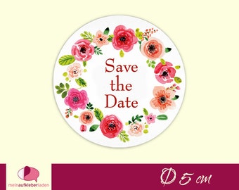 15 Hochzeitsaufkleber | roter Blumenkranz - Save the Date