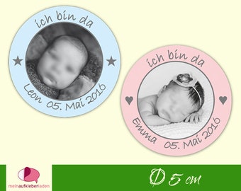 15 Aufkleber | personalisierbar mit Baby-Foto | Aufkleber Junge oder Mädchen mit Geburtsdaten