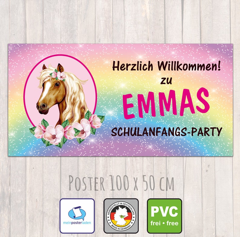 Einschulungs Banner 100 x 50 cm Herzlich Willkommen zur Schulanfangsparty Pferd Regenbogen Glitzer Bild 2