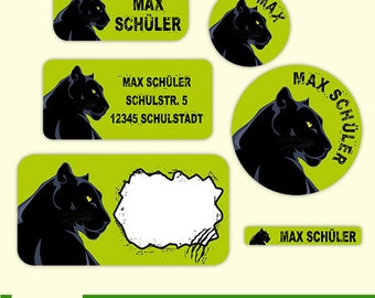 Schulaufkleber - Set | schwarzer Panther| Schuletiketten, Namensetiketten Panther, Adressaufkleber, Stifteaufkleber, 143 Stück - wasserfest