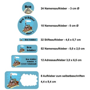 Schulaufkleber Set Dampflok Lokomotive, Eisenbahn, Schuletiketten für Stifte, Schulbücher, Hefte, Lineale, 143 Stück wasserfest image 2