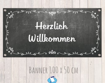 Banner - mit Wunschtext personalisierbar - 100 x 50 cm |  Tafeloptik - Herzlich Willkommen -  Chalkboard