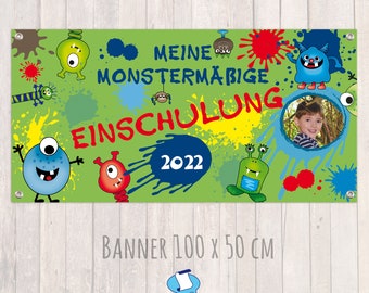 Einschulungs - Banner 100 x 50 cm - mit Foto personalisierbar | Meine Monstermäßige Einschulung - grün