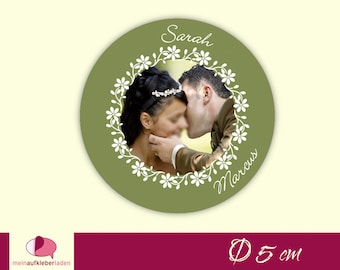 15 Hochzeitsaufkleber | Blumenkranz - Ornamente | Aufkleber für Hochzeit & Verlobung - personalisierbar mit eigenem Foto,