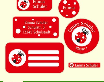 Schulaufkleber - Set | Marienkäfer - 143 teilig | Sticker für Schulanfang, Heftaufkleber, Namensaufkleber, Stifteaufkleber