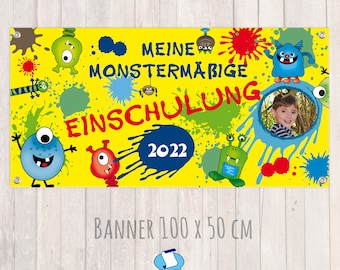 Einschulungs - Banner 100 x 50 cm - mit Foto personalisierbar | Meine Monstermäßige Einschulung - gelb