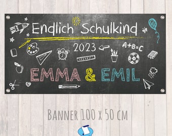 Einschulungs - Banner für Zwillinge - 100 x 50 cm - Endlich Schulkind | Tafeloptik