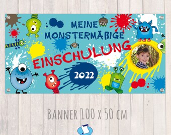 Einschulungs - Banner 100 x 50 cm - mit Foto personalisierbar | Meine Monstermäßige Einschulung - türkis