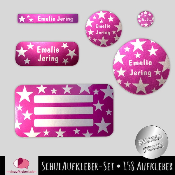 Metallicfolie - Schulaufkleber-Set | Sterne pink | Namensaufkleber, Stiftaufkleber, Heftaufkleber, 158 Stück, wasserfest