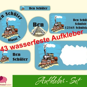 Schulaufkleber Set Dampflok Lokomotive, Eisenbahn, Schuletiketten für Stifte, Schulbücher, Hefte, Lineale, 143 Stück wasserfest image 1