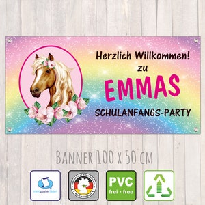 Einschulungs Banner 100 x 50 cm Herzlich Willkommen zur Schulanfangsparty Pferd Regenbogen Glitzer Bild 1