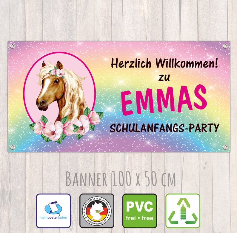 Einschulungs Banner 100 x 50 cm Herzlich Willkommen zur Schulanfangsparty Pferd Regenbogen Glitzer Bild 1