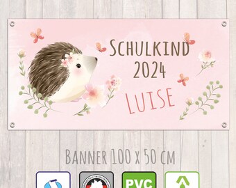 Einschulungs - Banner 100 x 50 cm | Schulkind 2024 -  Igel - Aquarell-Design