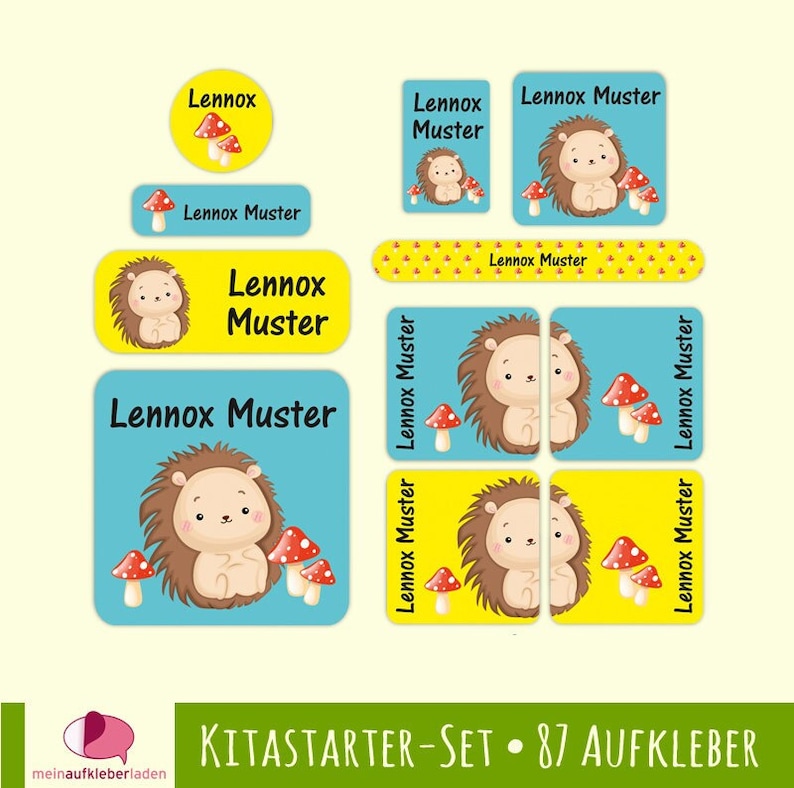 Namensaufkleber Set für Kindergarten Igel Fliegenpilz 87 Stück, Namensaufkleber, Textilaufkleber, Schuhaufkleber Bild 1