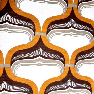 May include: Abstract geometric pattern wallpaper with a repeating design of brown, orange, white, and grey curved shapes.