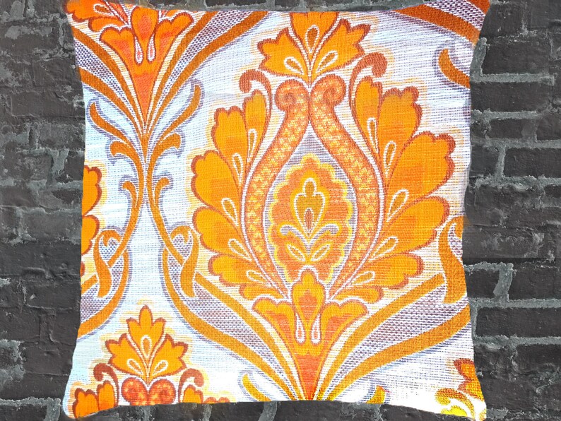 Vintage Paisley Kissen 40x40cm 50x50cm Gelb Orange Weiß Geflammt, Tapisserie Rauten Stoff, Mid-Century Kissenhülle, 70er Boho Kissenbezug Bild 6