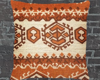 Azteken Ethno Retro Kissenbezug 40x40cm | 50x50cm, Vintage Indigenes Muster orange-braun beige, 60er 70er Abstraktes Kissen South-Western