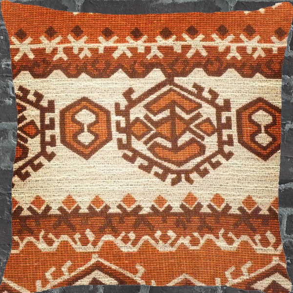 Azteken Ethno Retro Kissenbezug 40x40cm | 50x50cm, Vintage Indigenes Muster orange-braun beige, 60er 70er Abstraktes Kissen South-Western