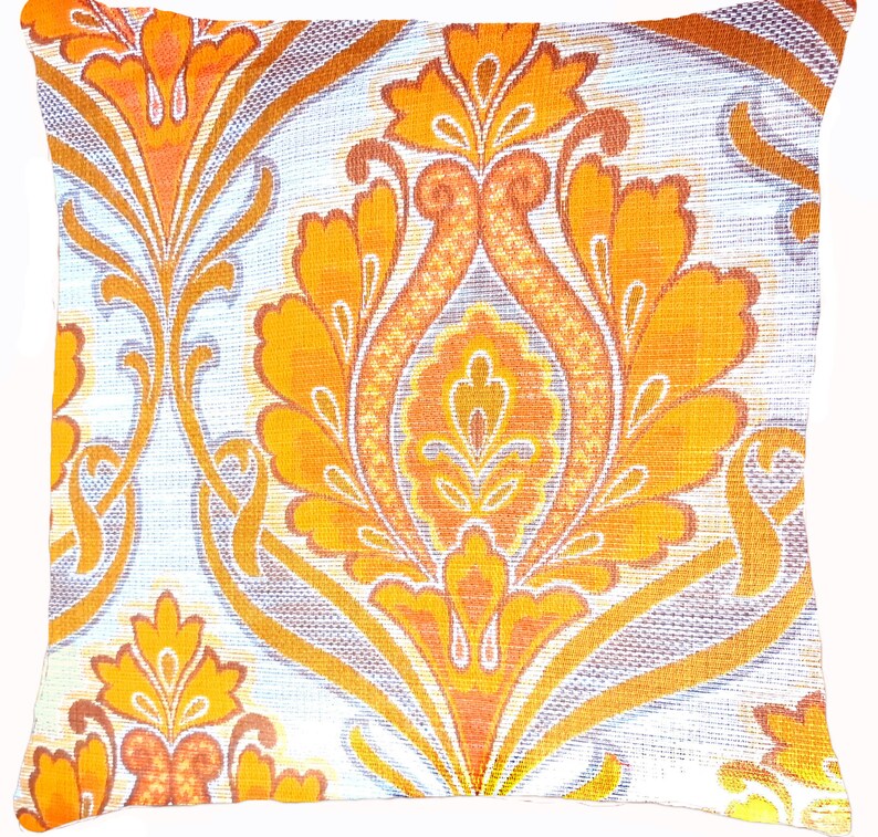 Vintage Paisley Kissen 40x40cm 50x50cm Gelb Orange Weiß Geflammt, Tapisserie Rauten Stoff, Mid-Century Kissenhülle, 70er Boho Kissenbezug Bild 9