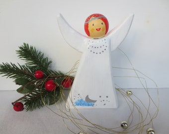 ange en bois aux cheveux roux blanc 11x6, ange de décoration de l'Avent et de Noël avec nuage + lune, décoration de l'Avent, ange gardien, ange de Noël, figure d'ange