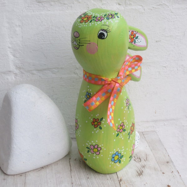 Easter bunny wood lime green with colorful scattered flowers 18 cm, Easter table decoration, Easter decoration colorful wooden bunny, gift, souvenir, Easter nest decoration