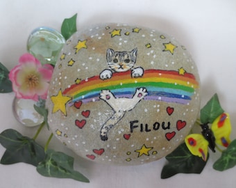 Memorial stone with animal portrait, cat on a rainbow, shooting star, 9x7x3 cm, rainbow memorial stone, painted stone, grave decoration, animal rainbow bridge